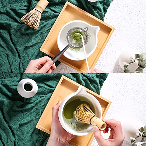 ZENRC Ceremony Matcha Kit - Handmade Bamboo Matcha Whisk (Chasen) Scoop (Chashaku) Spouted Chawan Bowl Whisk Holder Sifter Bamboo Tea Tray Towel- The Perfect Matcha Set (Apple Green, Set of 7) - Image 4