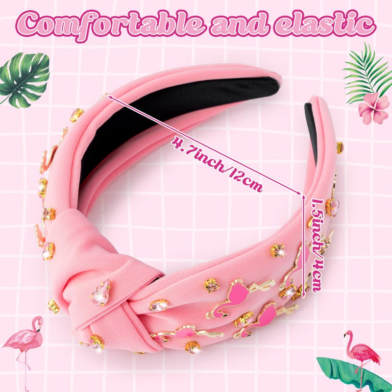 PANTIDE Flamingo Jeweled Knotted Headband - Summer Flamingo Rhinestone Embellished Headband Non Slip Wide Top Knot Hairband Hair Accessories Hawaii Beach Pool Party Birthday Gift for Women Girl (Pink) - Image 2