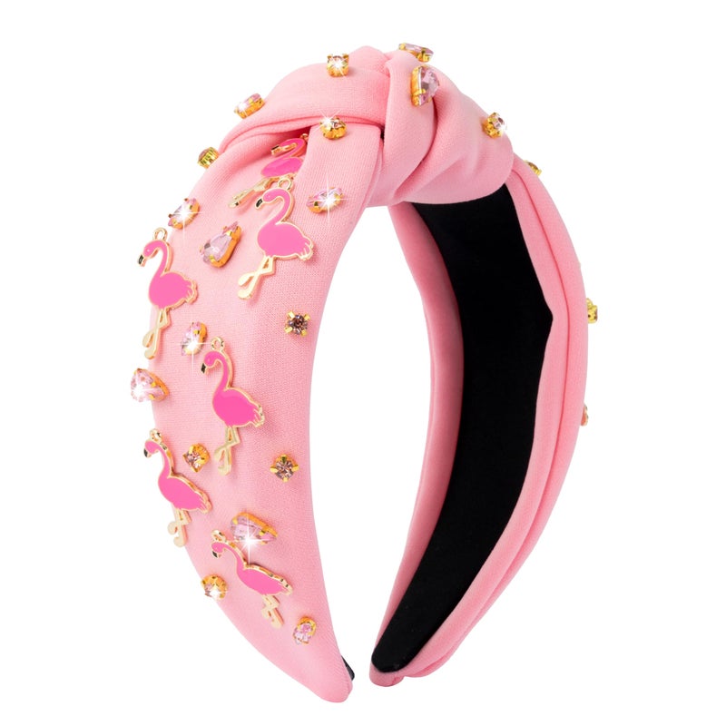 PANTIDE Flamingo Jeweled Knotted Headband - Summer Flamingo Rhinestone Embellished Headband Non Slip Wide Top Knot Hairband Hair Accessories Hawaii Beach Pool Party Birthday Gift for Women Girl (Pink) - Image 1