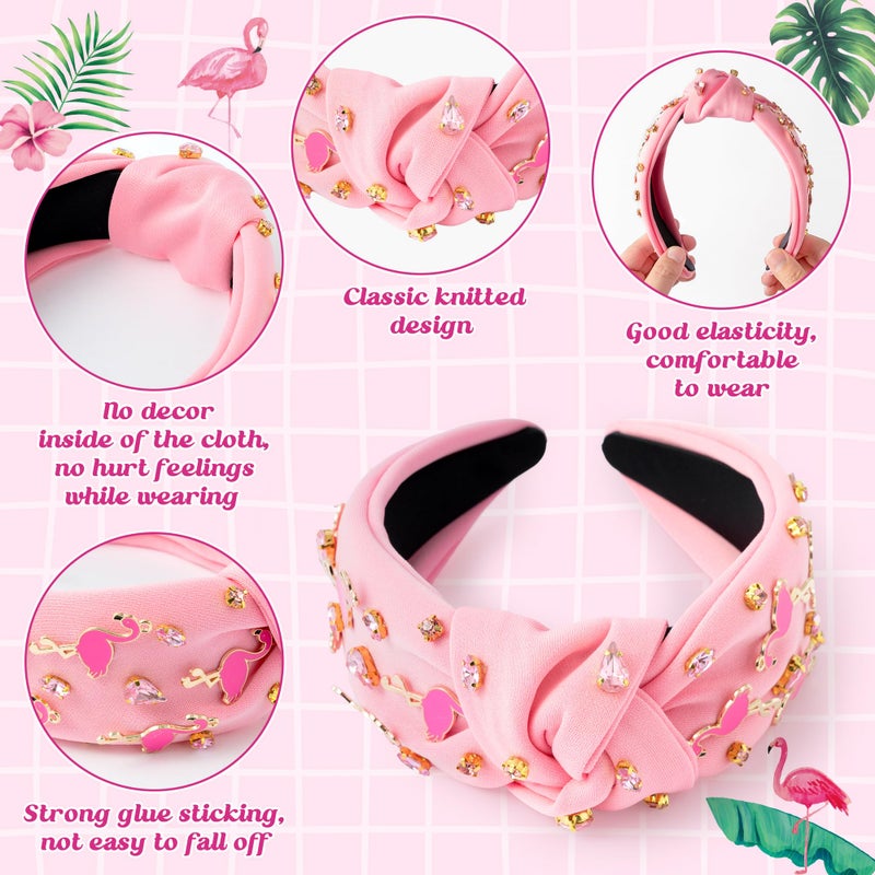 PANTIDE Flamingo Jeweled Knotted Headband - Summer Flamingo Rhinestone Embellished Headband Non Slip Wide Top Knot Hairband Hair Accessories Hawaii Beach Pool Party Birthday Gift for Women Girl (Pink) - Image 3