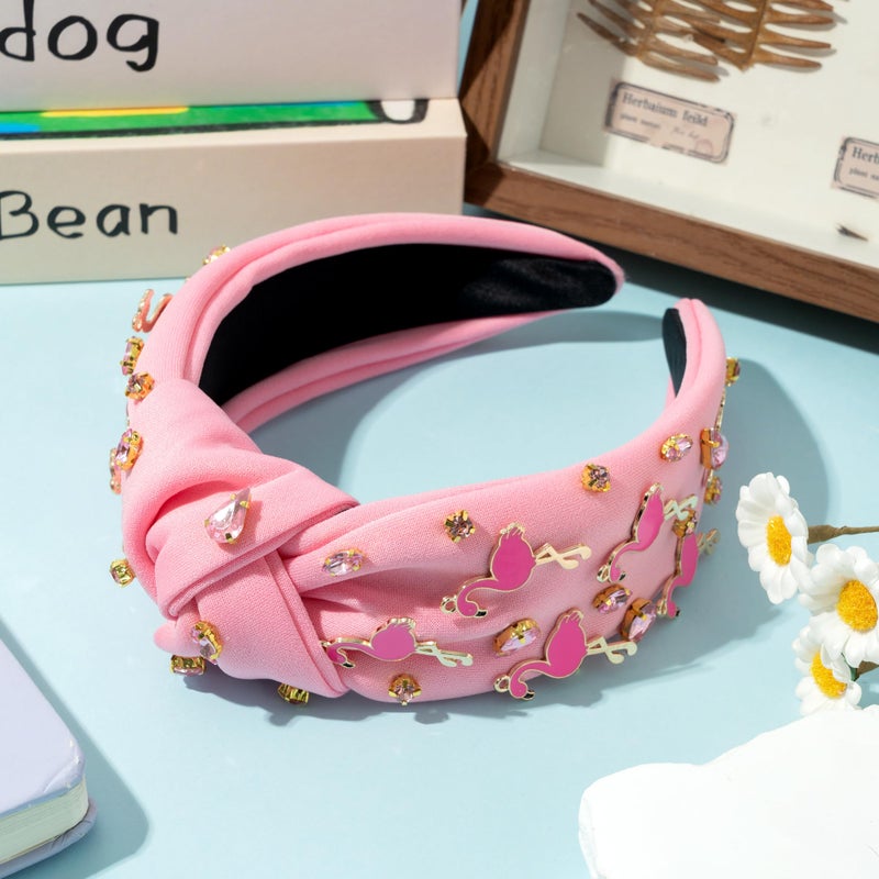 PANTIDE Flamingo Jeweled Knotted Headband - Summer Flamingo Rhinestone Embellished Headband Non Slip Wide Top Knot Hairband Hair Accessories Hawaii Beach Pool Party Birthday Gift for Women Girl (Pink) - Image 4