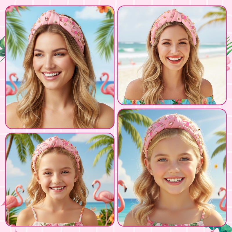 PANTIDE Flamingo Jeweled Knotted Headband - Summer Flamingo Rhinestone Embellished Headband Non Slip Wide Top Knot Hairband Hair Accessories Hawaii Beach Pool Party Birthday Gift for Women Girl (Pink) - Image 5