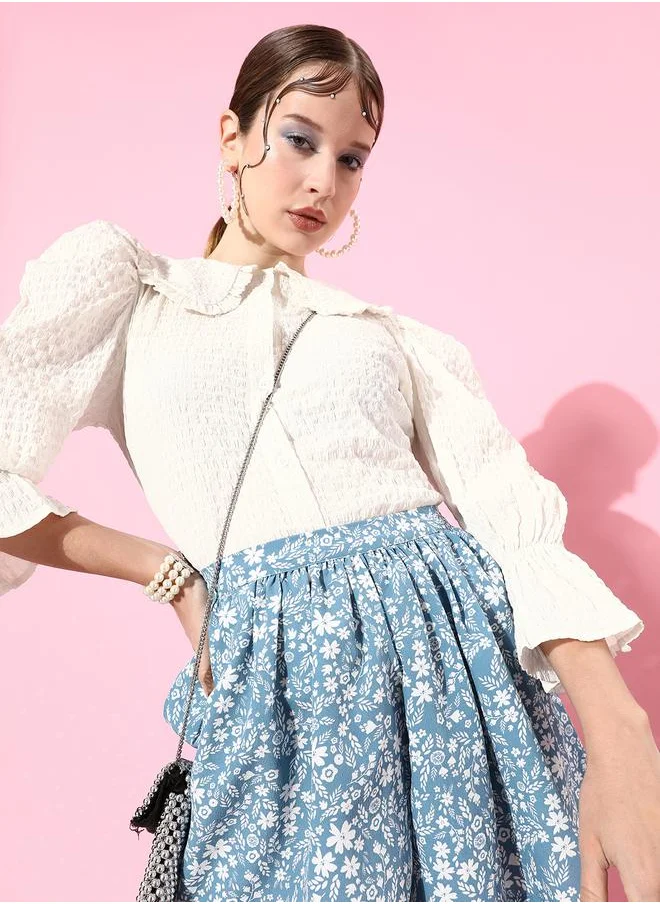 أثينا Textured Peter Pan Collar Top with Puff Sleeves by Styli
