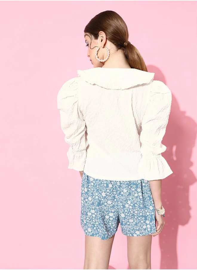 أثينا Textured Peter Pan Collar Top with Puff Sleeves by Styli