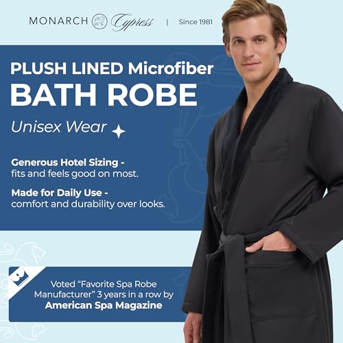 MONARCH Plush Lined Microfiber Bath Robe for Men or Women – Soft Microfiber Shell with Polyester Lining, Generously Sized Resort-Grade Spa & Hotel Robe with Pockets - Machine Washable (Black) - Image 2