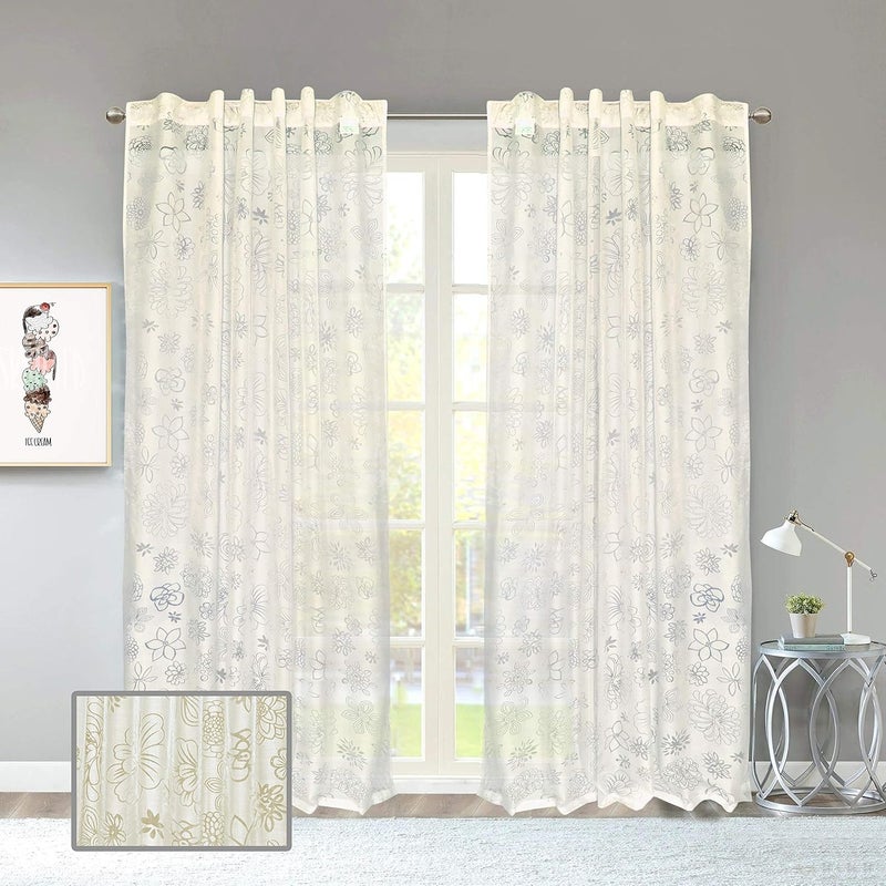 LINENWALAS Burnt Out Design Window Sheer Curtain 45ft x 5ft Set of 2 Net Curtains Transparent Curtain Set for Living Room Sheer Curatin with Eyelet Hanging Style 5 Feet Ivory - Image 1