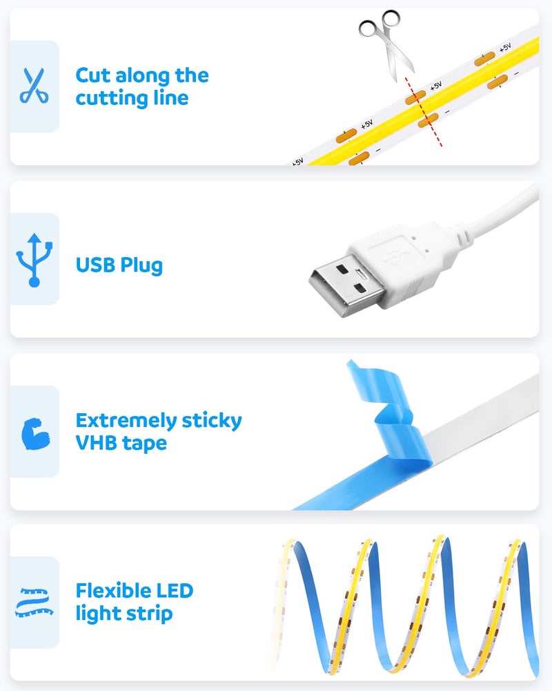 Aclorol شريط إضاءة LED USB Aclorol شريط LED COB 5V ضوء النهار أبيض بارد 6000K 3.28 قدم 320 ليد مرن للإضاءة تحت الخزائن في المطبخ أو غرفة المعيشة أو الرفوف أو العروض - Image 4