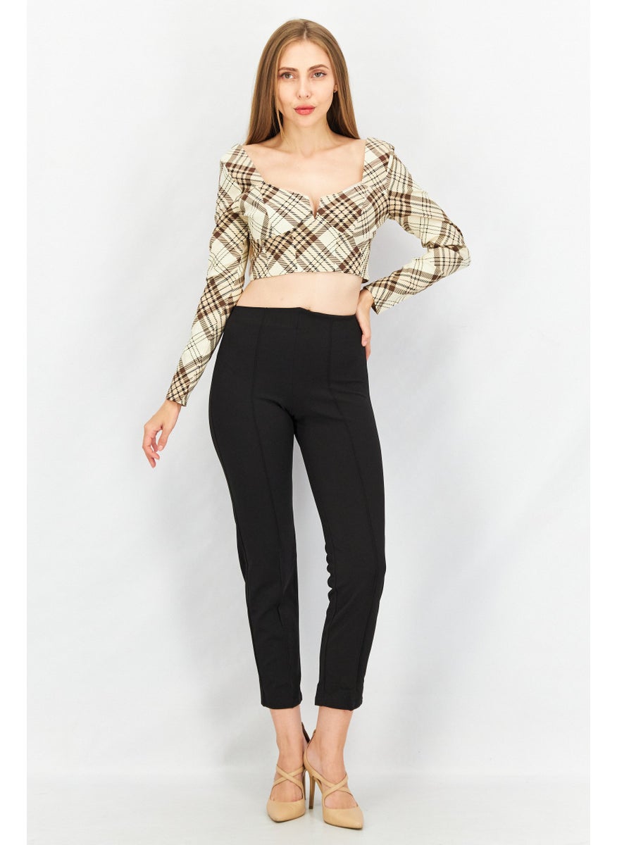 TOPSHOP Women Split Neck Long Sleeve Checked Crop Top, Cream  - Image 4