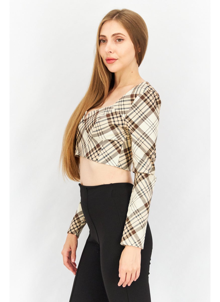 TOPSHOP Women Split Neck Long Sleeve Checked Crop Top, Cream  - Image 2