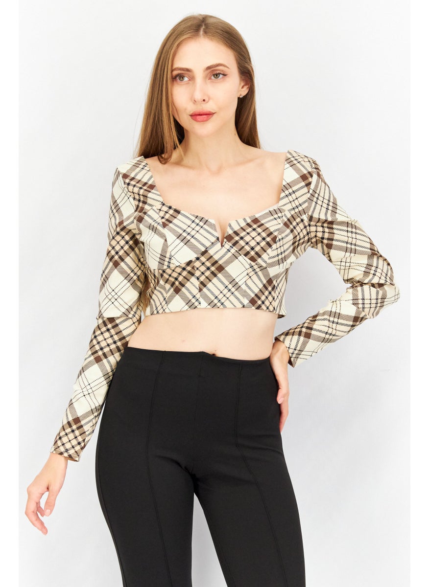 TOPSHOP Women Split Neck Long Sleeve Checked Crop Top, Cream  - Image 1