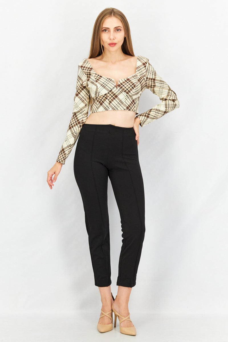 TOPSHOP Women Split Neck Long Sleeve Checked Crop Top, Cream - Image 4