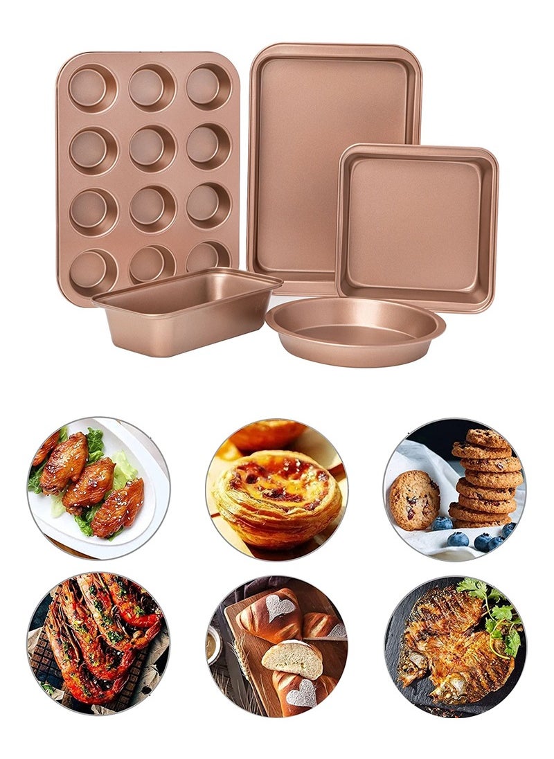 TAPIT 5 Pieces Baking Set, Carbon Steel Nonstick Baking Pan Set, Food Grade Carbon Steel Cake, 12 Cup Muffin Baking Pan, Square Round Baking Pan, Pizza Pan, Rectangular Toast Box, Kitchen Baking Tools (Golden)  - Image 1