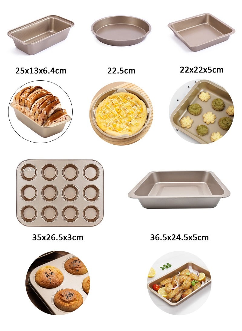 TAPIT 5 Pieces Baking Set, Carbon Steel Nonstick Baking Pan Set, Food Grade Carbon Steel Cake, 12 Cup Muffin Baking Pan, Square Round Baking Pan, Pizza Pan, Rectangular Toast Box, Kitchen Baking Tools (Golden)  - Image 2