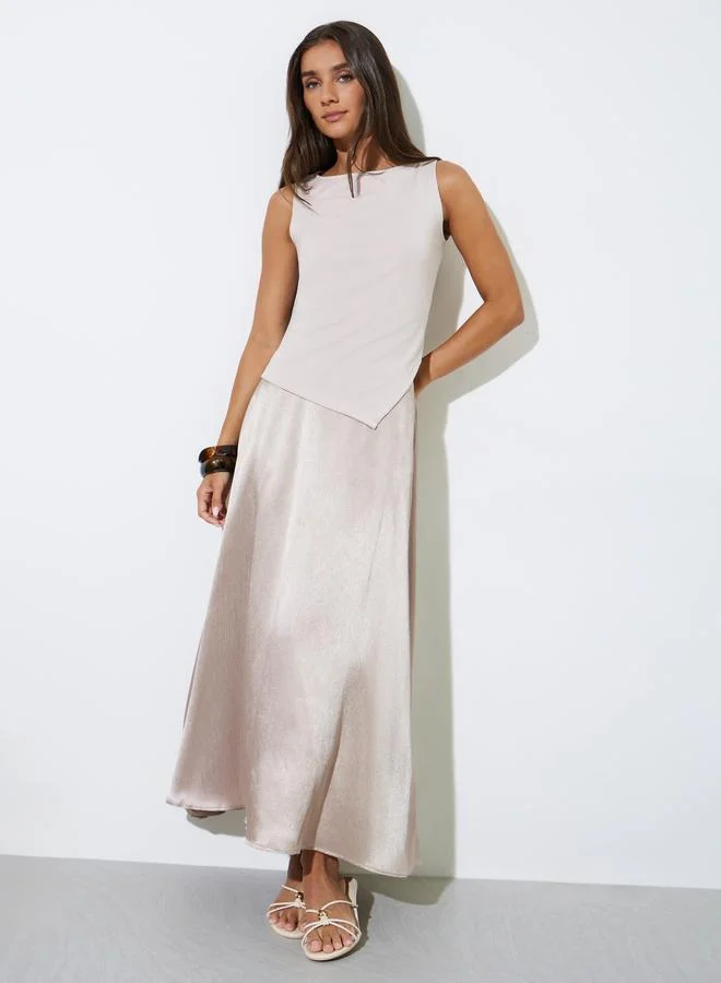 ستايلي Beige Solid Satin A-Line Midi Skirt