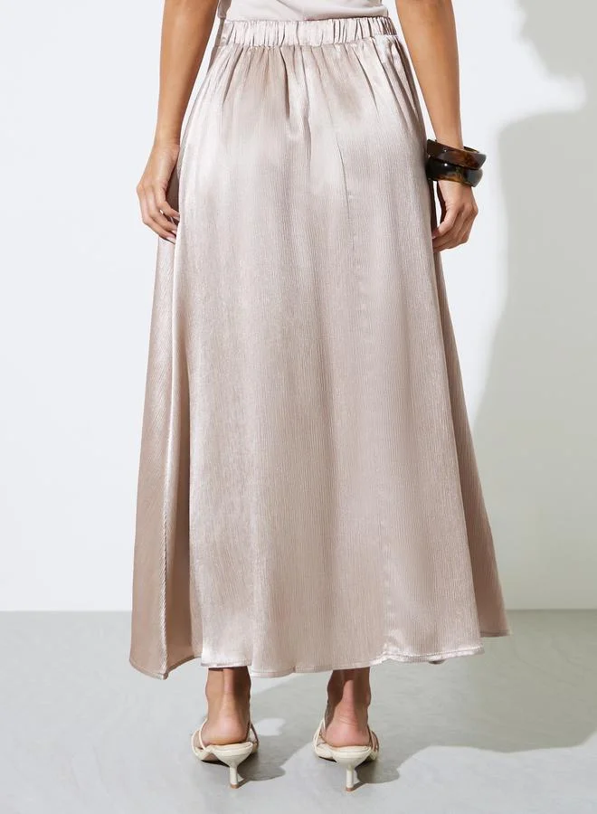 Styli  Beige Solid Satin A-Line Midi Skirt for Women | Best Price UAE