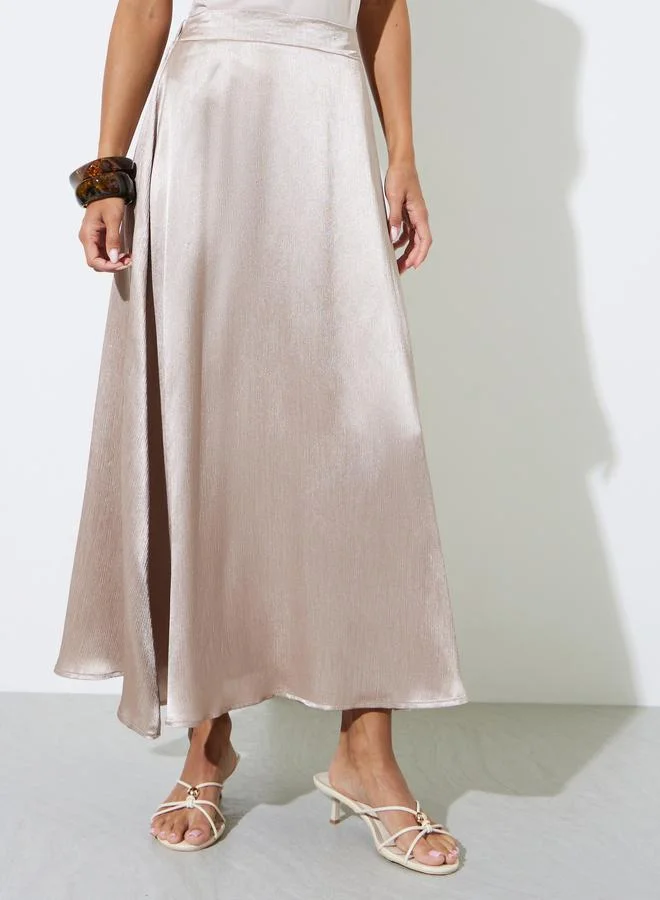 ستايلي Beige Solid Satin A-Line Midi Skirt