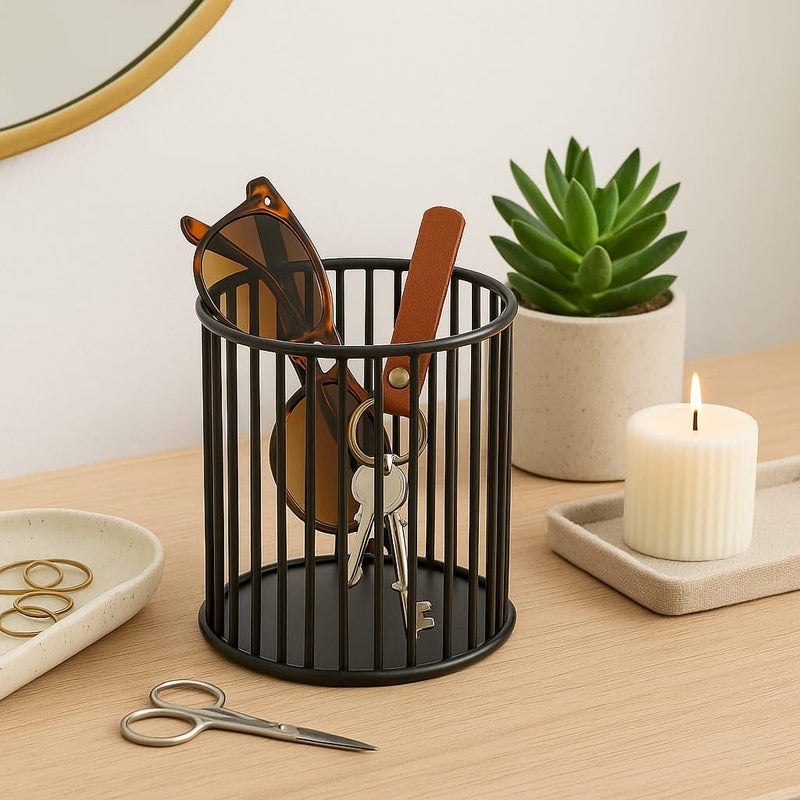 CentraLit حامل أقلام معدني مزخرف لتنظيم الأقلام لمكتب المكتب، طاولة دراسة الأطفال - حامل فرشاة مكياج، حامل فرشاة أسنان (أسود، حامل أقلام) - Image 1