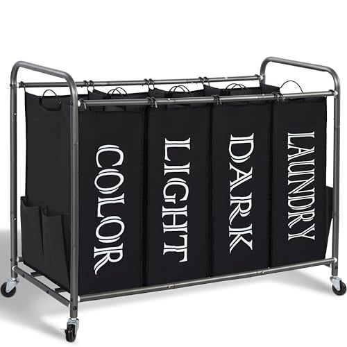 STORAGE MANIAC Laundry Sorter 4 Section, 47.8 Gal (181 L) Laundry Hamper with Wheels, Clothes Divider Basket Sorter, Clothes Separator Hamper Cart with Wheels and Removable Bags, Label Black - Image 1