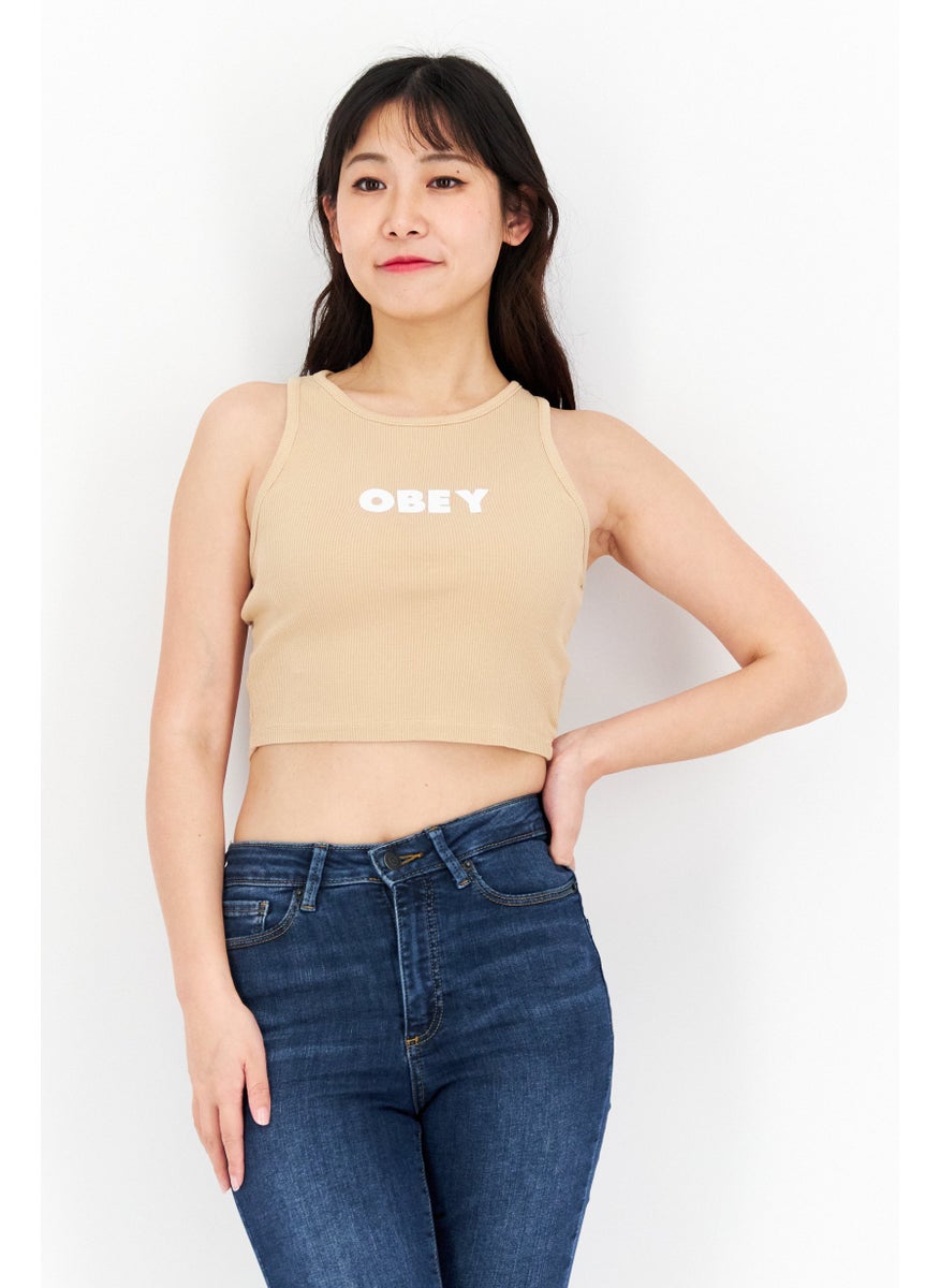 OBEY Women Round Neck Sleeveless Ribbed  Tank Top, Tan  - Image 1