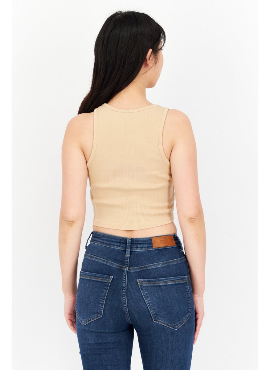 OBEY Women Round Neck Sleeveless Ribbed  Tank Top, Tan  - Image 4