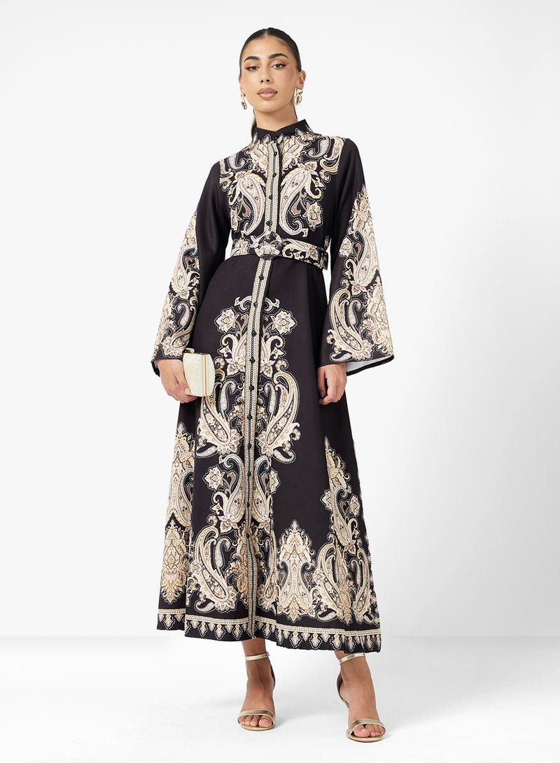 FYOR Black Maxi Dress with Yellow Intricate Print – Long Sleeve Flowy Design - Image 1