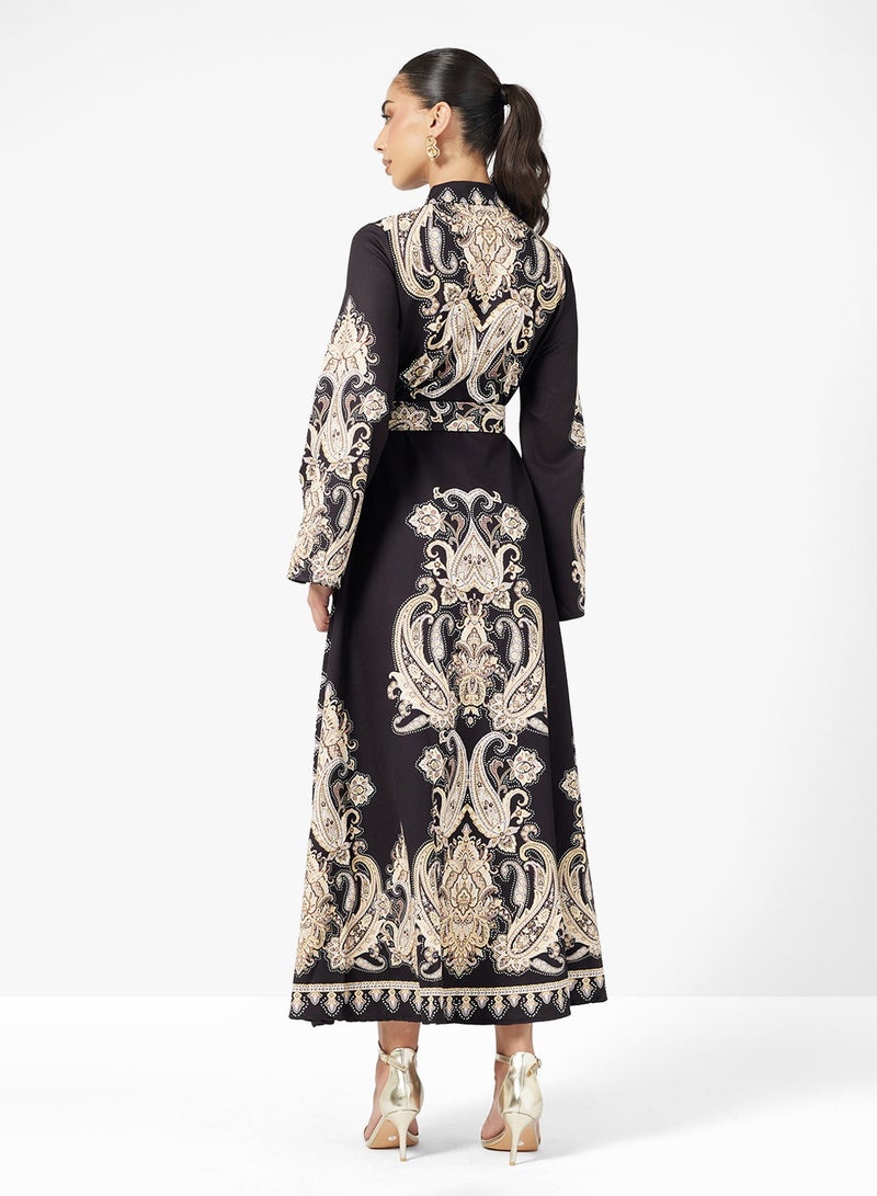 FYOR Black Maxi Dress with Yellow Intricate Print – Long Sleeve Flowy Design - Image 2