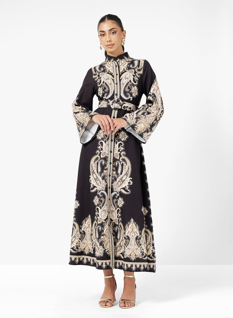 FYOR Black Maxi Dress with Yellow Intricate Print – Long Sleeve Flowy Design - Image 4