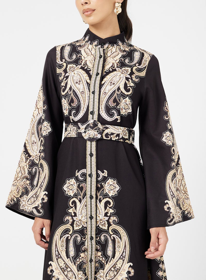 FYOR Black Maxi Dress with Yellow Intricate Print – Long Sleeve Flowy Design - Image 3