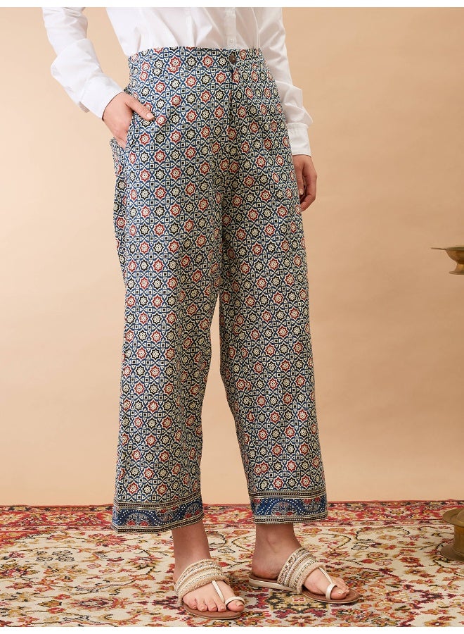 globus Women Indigo Ethnic Print Mid-Rise Straight Fit Fusion Trousers - Image 4
