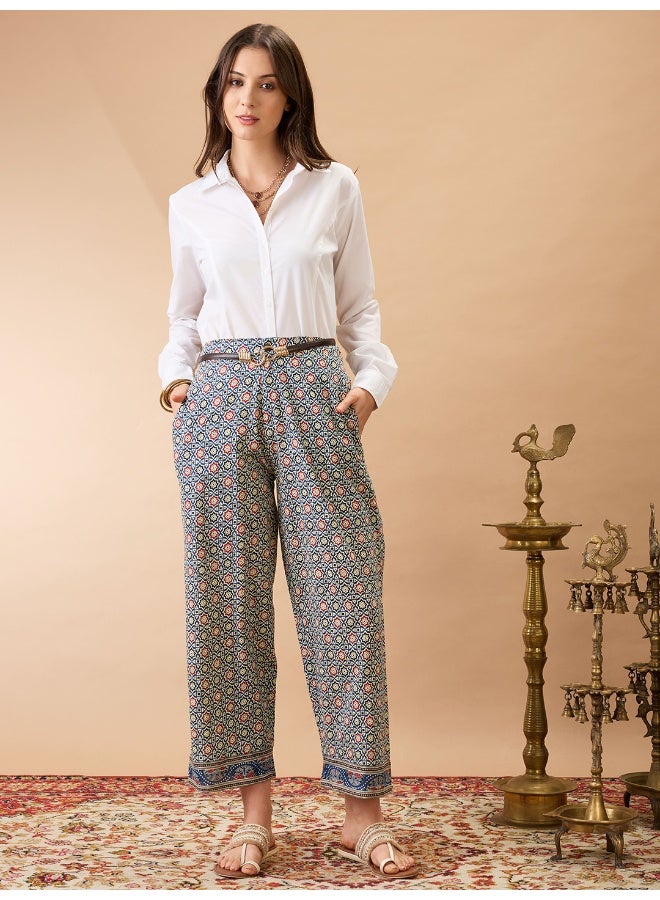 globus Women Indigo Ethnic Print Mid-Rise Straight Fit Fusion Trousers - Image 1