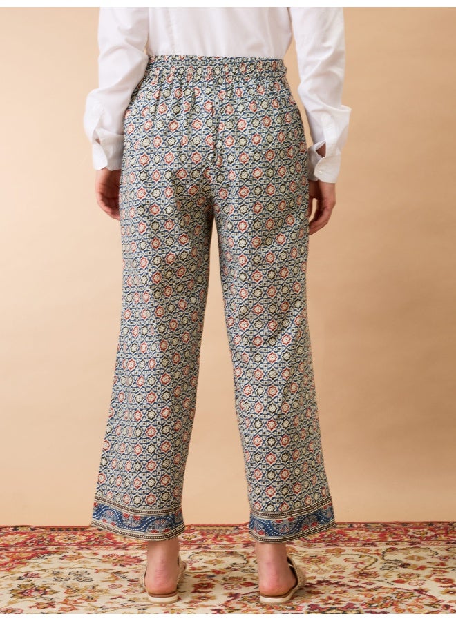 globus Women Indigo Ethnic Print Mid-Rise Straight Fit Fusion Trousers - Image 5