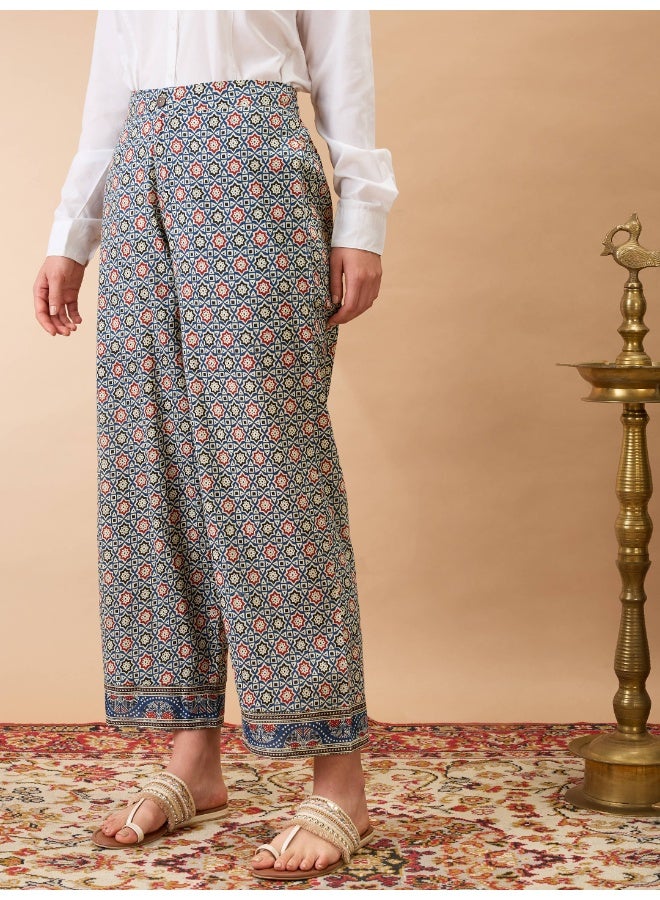 globus Women Indigo Ethnic Print Mid-Rise Straight Fit Fusion Trousers - Image 3