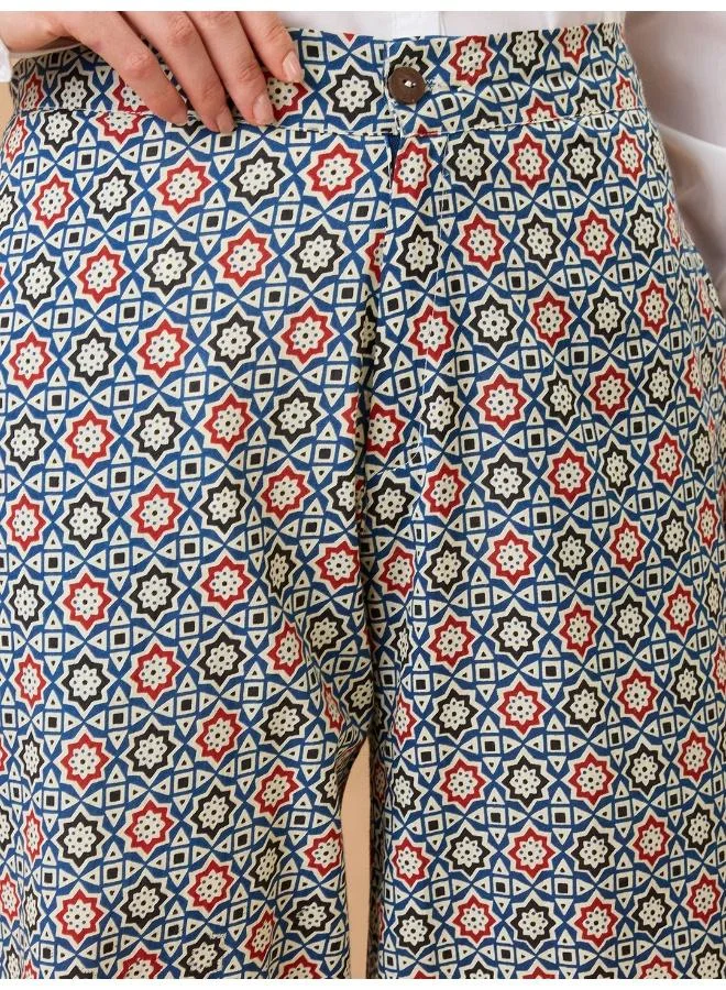 globus Globus Women Indigo Ethnic Print Mid-Rise Straight Fit Fusion Trousers