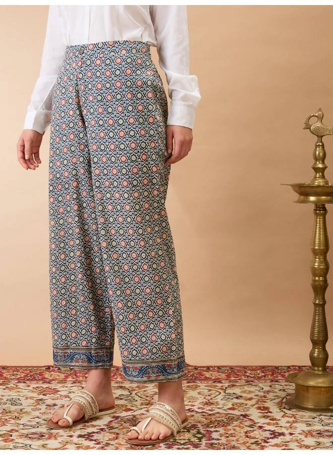 globus Globus Women Indigo Ethnic Print Mid-Rise Straight Fit Fusion Trousers