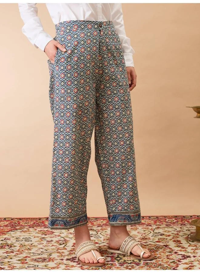 globus Globus Women Indigo Ethnic Print Mid-Rise Straight Fit Fusion Trousers