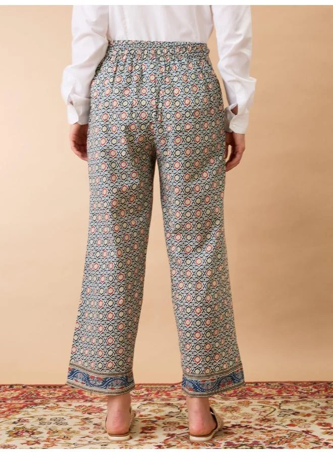 globus Globus Women Indigo Ethnic Print Mid-Rise Straight Fit Fusion Trousers