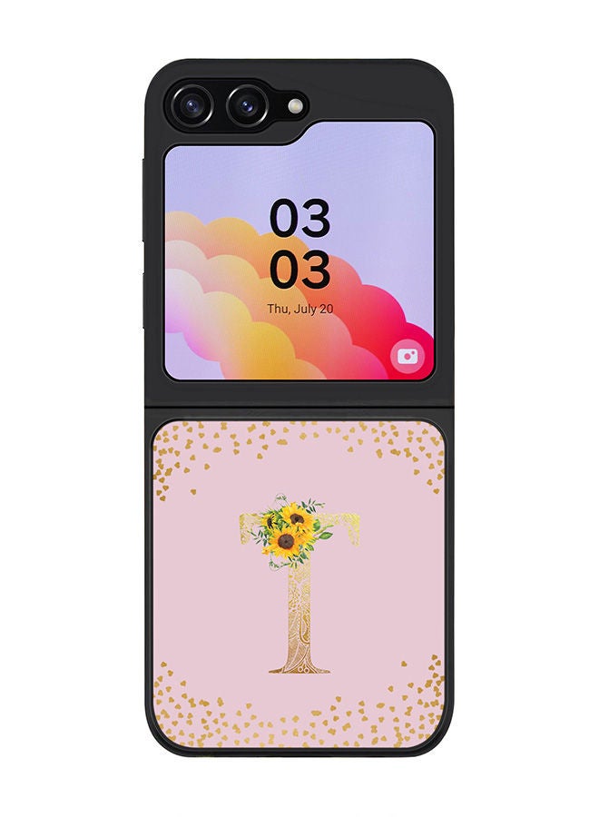 Stylizedd Rugged Black edge case for Samsung Galaxy Z Flip5, Slim fit Soft Case Flexible Rubber Edges Anti Drop TPU Gel Thin Cover -  Custom Monogram Initial Letter Floral Pattern Alphabet - T  (Pink ) - Image 1