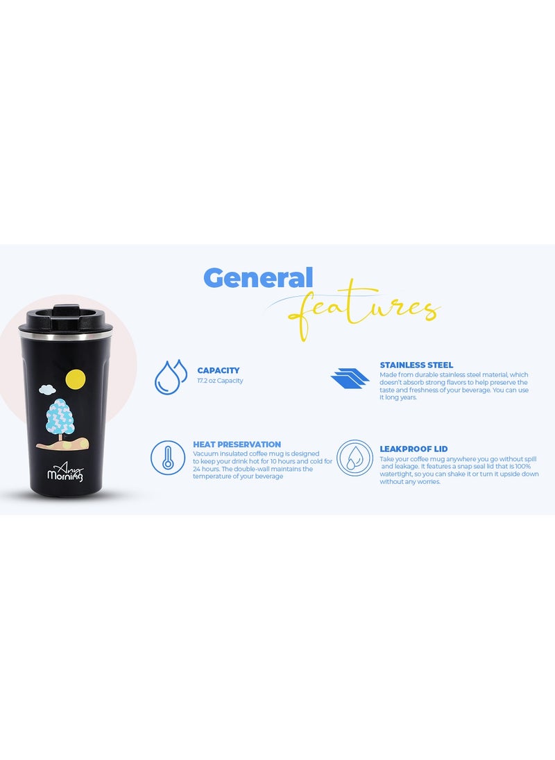 Any Morning Stainless Steel Travel Coffee Mug 510ml, Thermos Mug, Vacuum Insulation, BPA-Free, Leak-Proof Lid, Travel Mug Keeps Drinks Hot for 10hrs, Cold for 24hrs, Ideal for Travel - SK22016  - Image 3