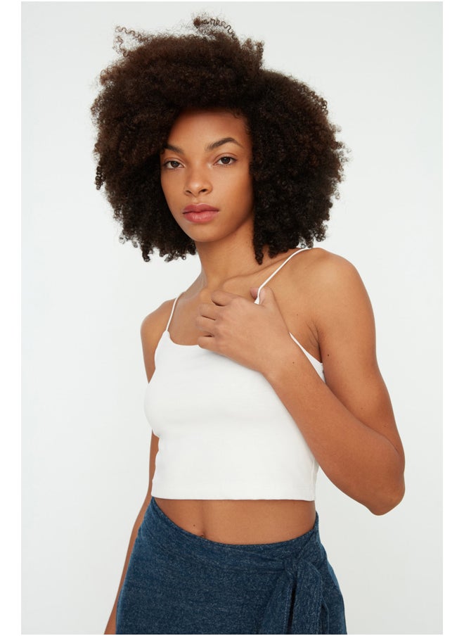 trendyol White Cotton Spaghetti Straps Fitted/Situated Crop, Stretchy Knit Single Tank TWOSS20AL0006  - Image 3