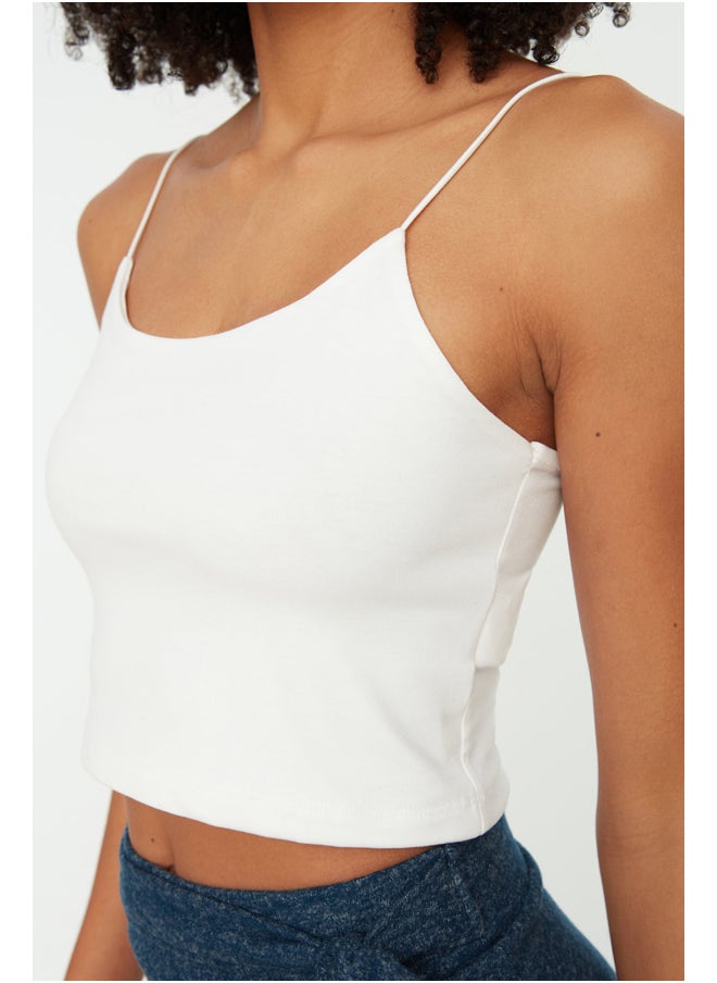 trendyol White Cotton Spaghetti Straps Fitted/Situated Crop, Stretchy Knit Single Tank TWOSS20AL0006  - Image 4