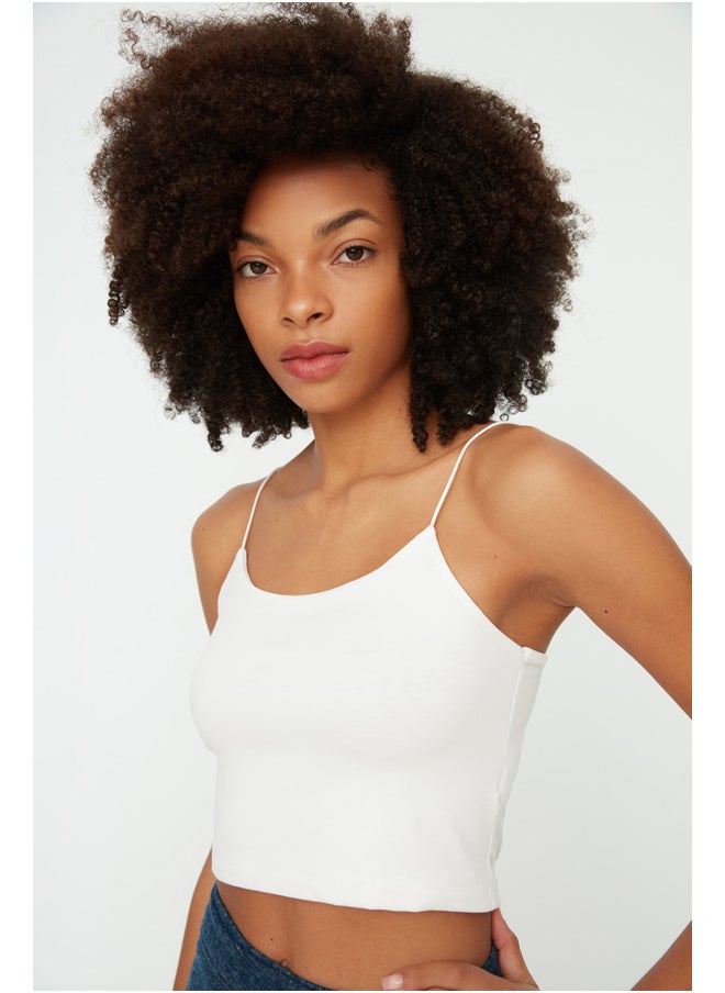trendyol White Cotton Spaghetti Straps Fitted/Situated Crop, Stretchy Knit Single Tank TWOSS20AL0006  - Image 2