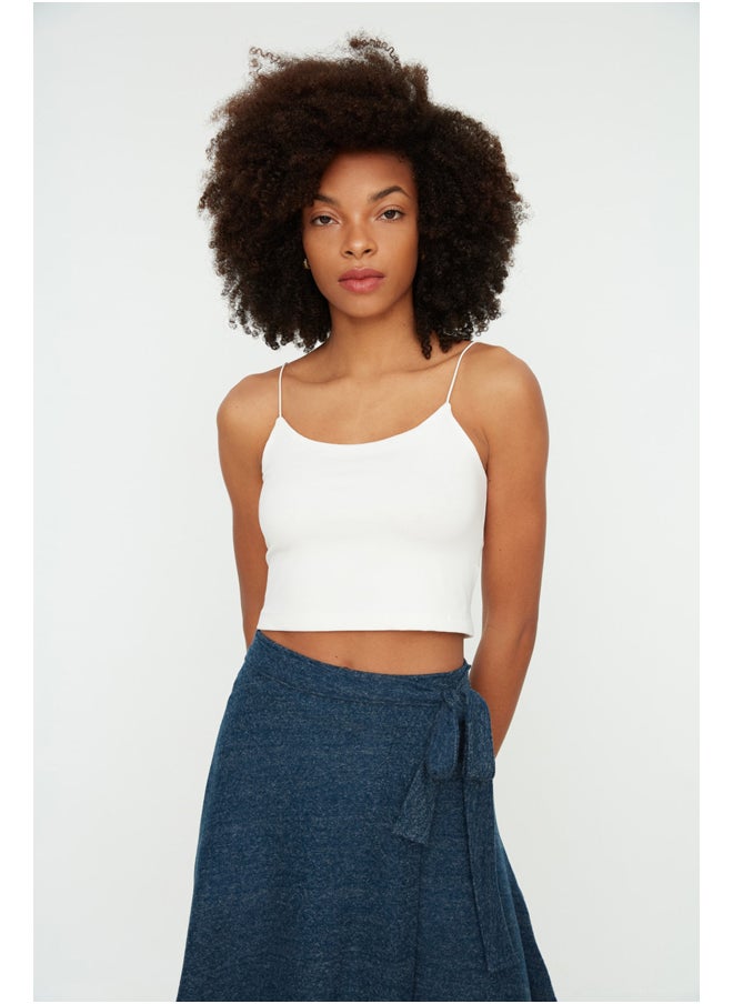 trendyol White Cotton Spaghetti Straps Fitted/Situated Crop, Stretchy Knit Single Tank TWOSS20AL0006  - Image 1