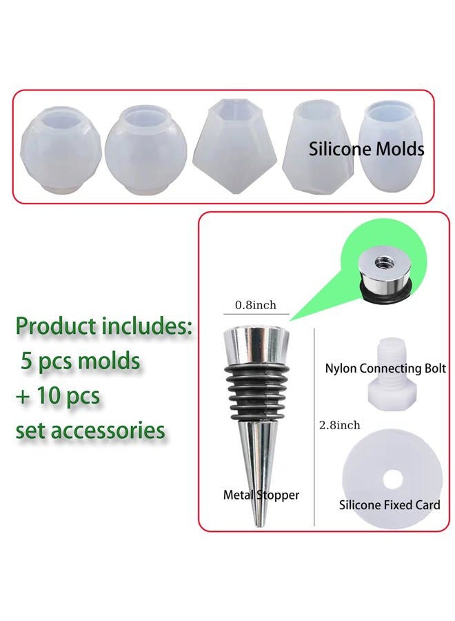 JIOFAVIU 15 Pcs Resin Wine Bottle Stoppers Molds Set, Wine Stopper Silicone Molds for Epoxy Resin (5 Molds and 10 Stoppers with 10 Screws) - Image 2