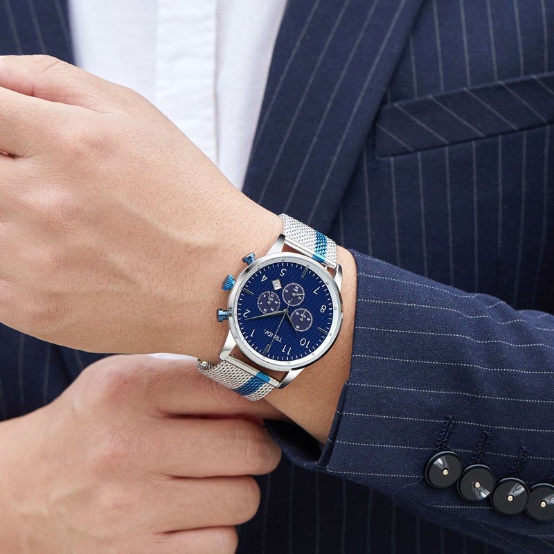 ترندا ساعة رجال TRNDA الأنيقة من الفولاذ المقاوم للصدأ - مينا زرقاء أنيقة وسوار شبكي فضي - Image 2