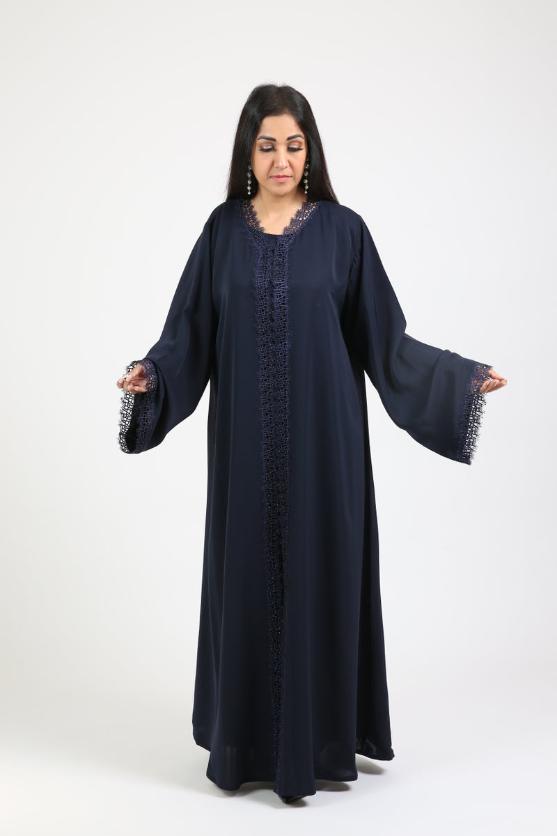 Nikias Navy Blue Nida Abaya with sequence Lace Detailing - Image 1
