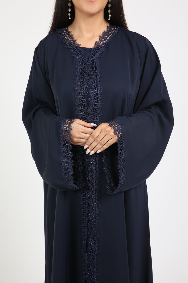 Nikias Navy Blue Nida Abaya with sequence Lace Detailing - Image 4