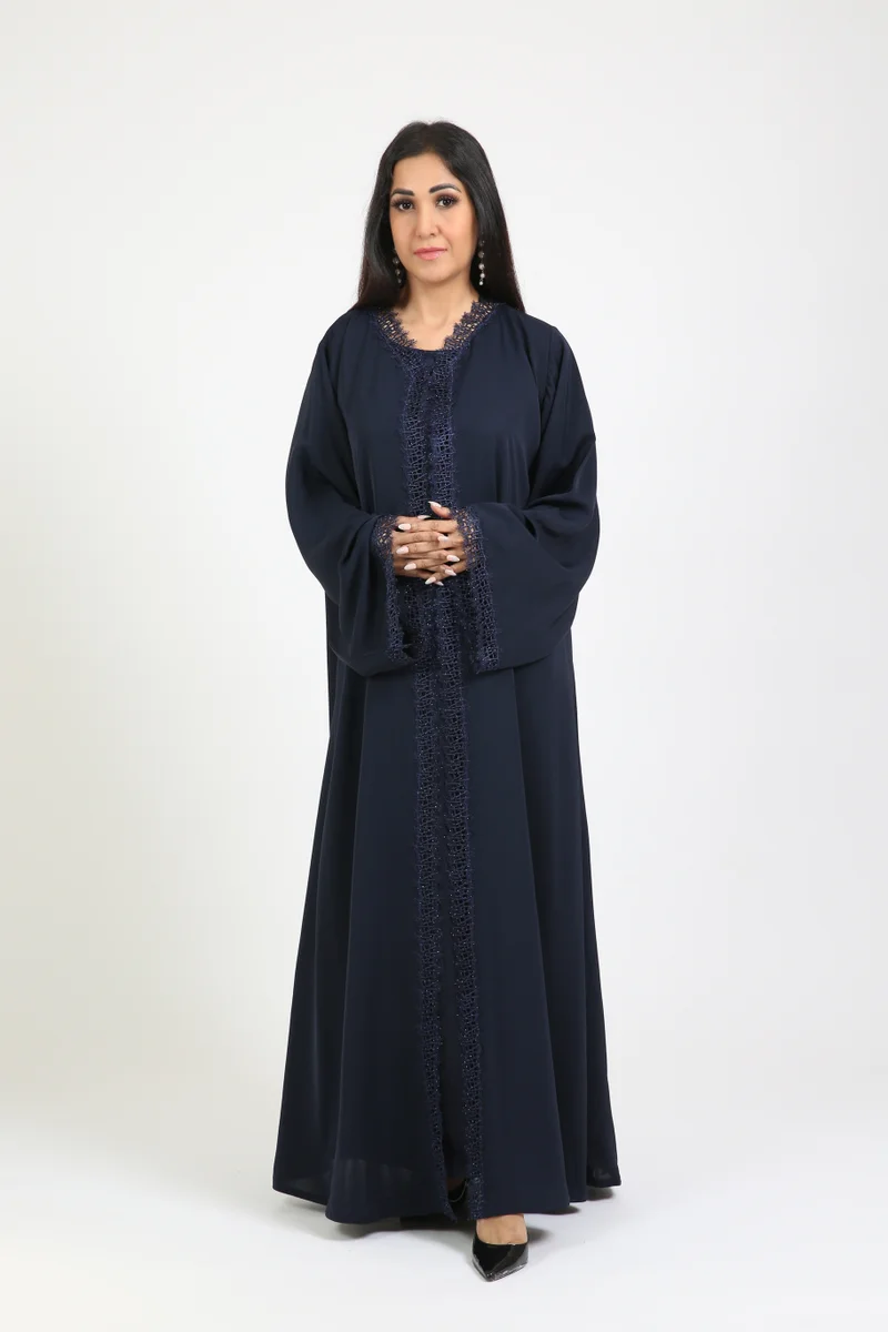 Nikias Nikias Navy Blue Nida Abaya with sequence Lace Detailing