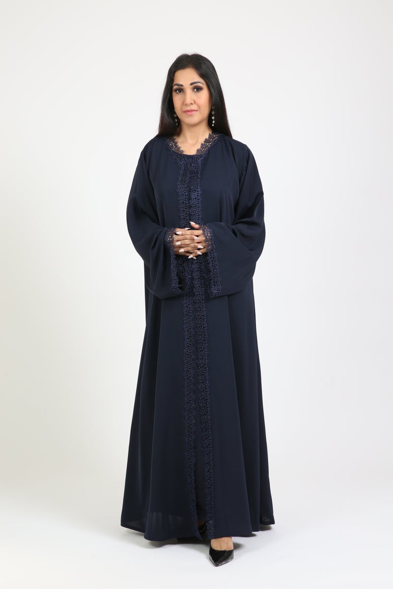 Nikias Navy Blue Nida Abaya with sequence Lace Detailing - Image 2