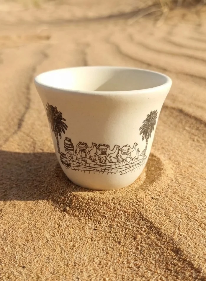 Tohfa Luxe Tohfa Luxe Desert Caravan Artisan Qahwa Cup – Handcrafted Clay Arabic Coffee Cup with Camel Print (Single Piece)