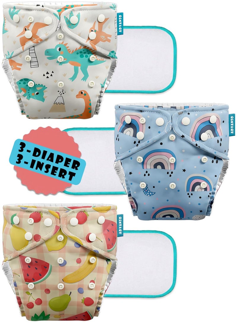 Advanso Leakage Proof cloth diapers for babies, high absorbent 3 reusable diaper 3 insert pad combo pack washable cloth diaper free size 5-18kg adjustable pocket cover 32 - Image 1